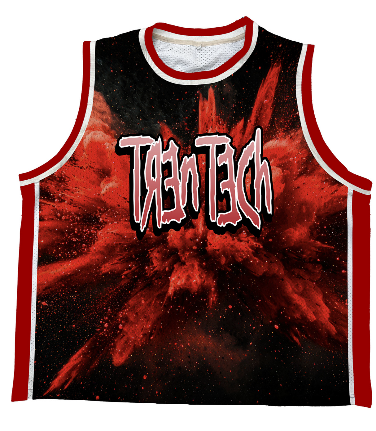 Tank top with red and black design and 'Tren Tech' text on a white background
